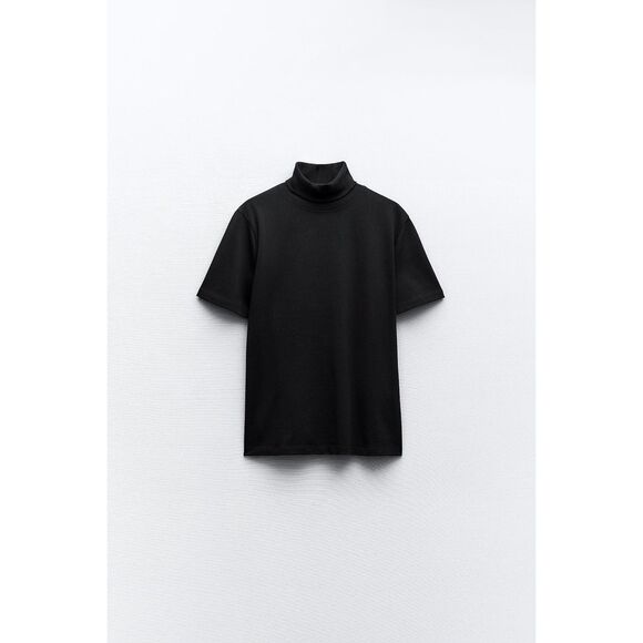 Black Zara Heavy Cotton Short Sleeve Knit Turtleneck Top (NWT) - Picture 1 of 3